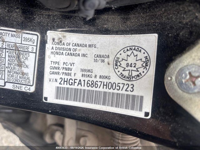 Aukcja sprzedaży 2007 Honda Civic, vin: 2HGFA16867H005723, numer aukcji: 40083633