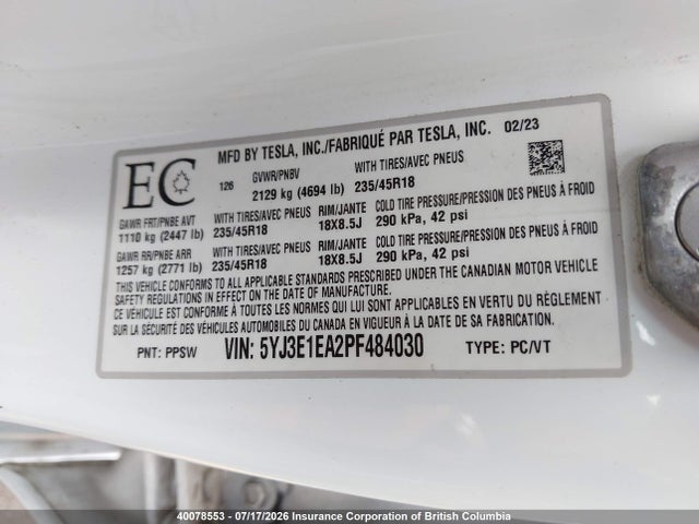 Tesla MODEL 3 2023 5YJ3E1EA2PF484030 Image 9