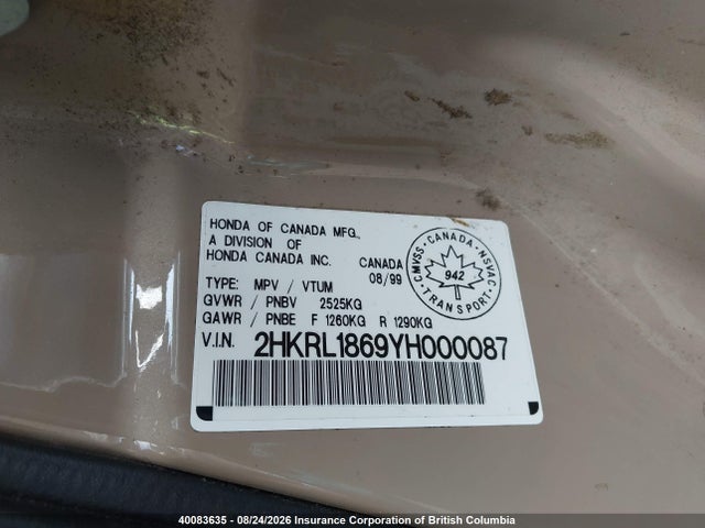 2000 Honda Odyssey Ex მანქანა იყიდება აუქციონზე, vin: 2HKRL1869YH000087, აუქციონის ნომერი: 40083635