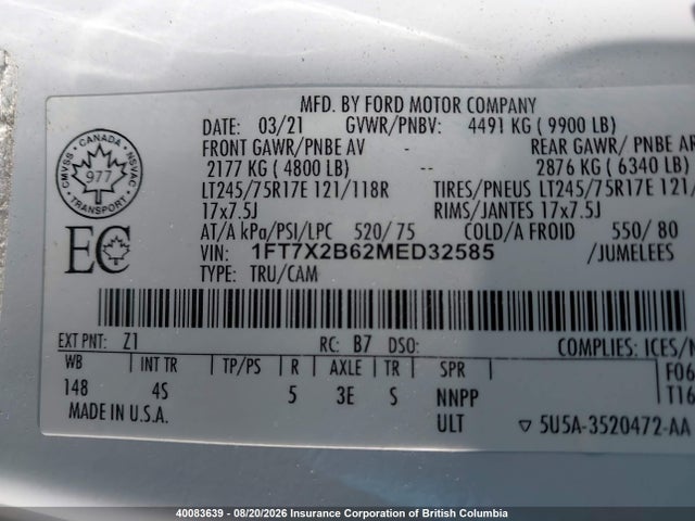 Продаж на аукціоні авто 2021 Ford F250, vin: 1FT7X2B62MED32585, номер лоту: 40083639