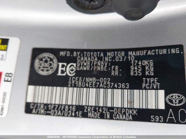 2010 Toyota Corolla S/le/xle მანქანა იყიდება აუქციონზე, vin: 2T1BU4EE7AC374363, აუქციონის ნომერი: 40083649