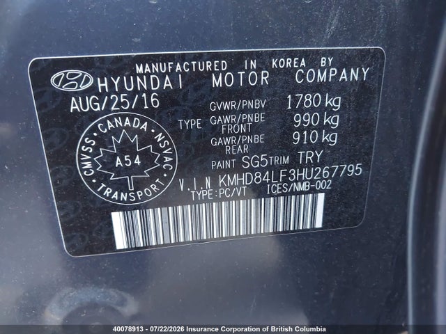40078913 :رقم المزاد ، KMHD84LF3HU267795 vin ، 2017 Hyundai Elantra Se/value/limited مزاد بيع