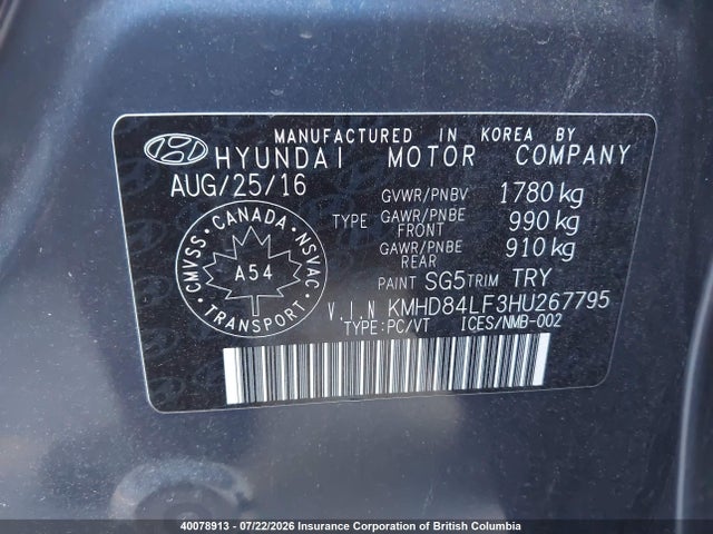 40078913 :رقم المزاد ، KMHD84LF3HU267795 vin ، 2017 Hyundai Elantra Se/value/limited مزاد بيع