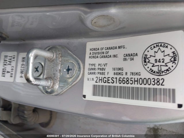 40080301 :رقم المزاد ، 2HGES16685H000382 vin ، 2005 Honda Civic Lx مزاد بيع