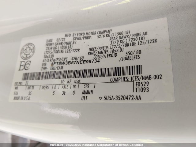 2022 Ford F350 მანქანა იყიდება აუქციონზე, vin: 1FT8W3B67NEE99734, აუქციონის ნომერი: 40083689