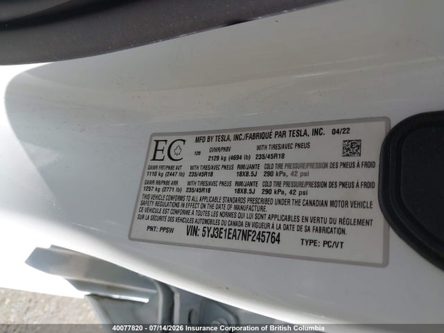 Tesla MODEL 3 2022 5YJ3E1EA7NF245764 Image 9