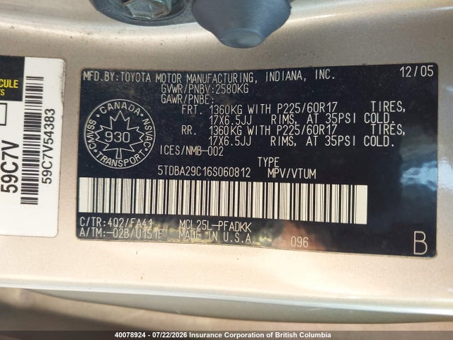 2006 Toyota Sienna Ce მანქანა იყიდება აუქციონზე, vin: 5TDBA29C16S060812, აუქციონის ნომერი: 40078924