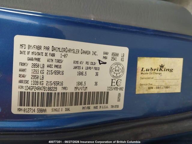 40077351 :رقم المزاد ، 1D4GP24R47B188229 vin ، 2007 Dodge Grand Caravan Se مزاد بيع
