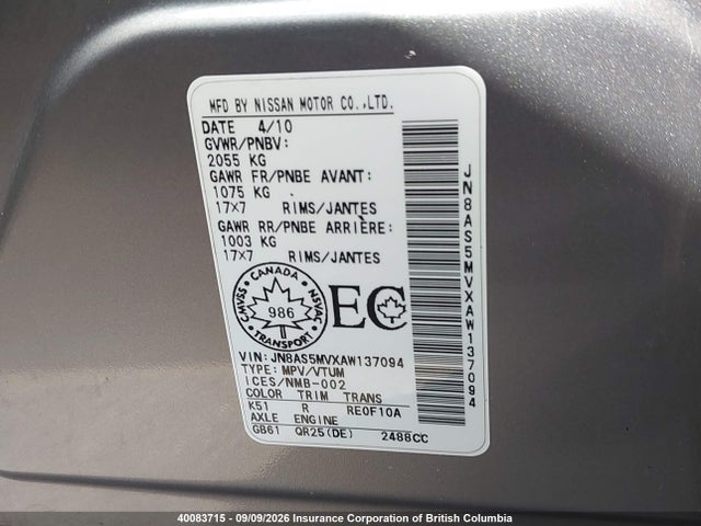 40083715 :رقم المزاد ، JN8AS5MVXAW137094 vin ، 2010 Nissan Rogue مزاد بيع
