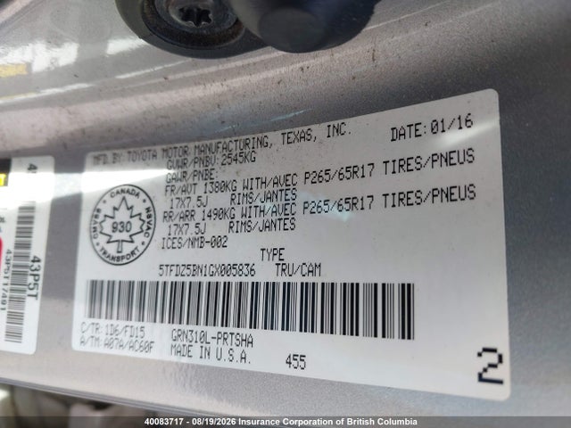 40083717 :رقم المزاد ، 5TFDZ5BN1GX005836 vin ، 2016 Toyota Tacoma Dbl Cab/sr5/trd Sport/or مزاد بيع