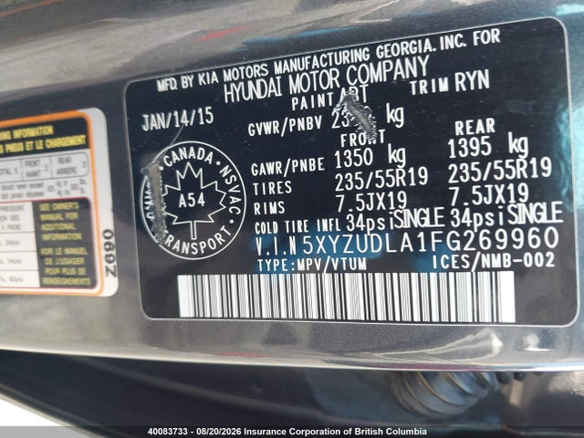 40083733 :رقم المزاد ، 5XYZUDLA1FG269960 vin ، 2015 Hyundai Santa Fe Sport مزاد بيع
