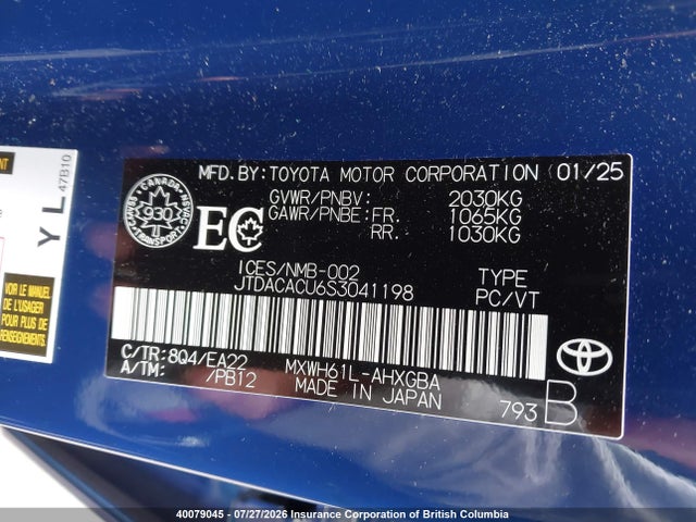 40079045 :رقم المزاد ، JTDACACU6S3041198 vin ، 2025 Toyota Prius Se/xse/xse Premium مزاد بيع