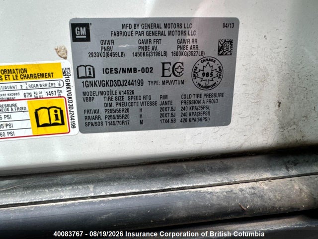 Aukcja sprzedaży 2013 Chevrolet Traverse Lt, vin: 1GNKVGKD3DJ244199, numer aukcji: 40083767