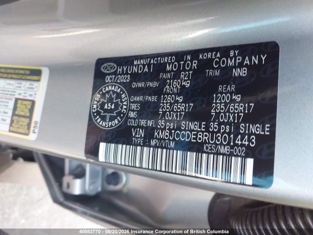 Aukcja sprzedaży 2024 Hyundai Tucson Sel, vin: KM8JCCDE8RU301443, numer aukcji: 40083770