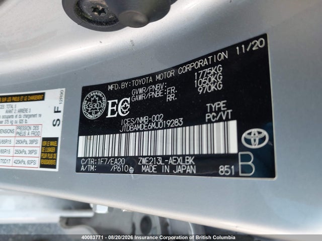 JTDBAMDE6MJ019283 Toyota Corolla Hybrid Base W/li Battery