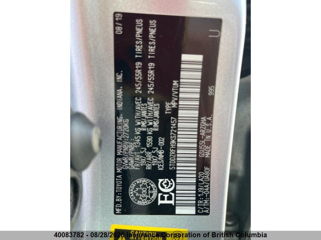 5TDDZRFH9KS721457 Toyota Highlander Limited