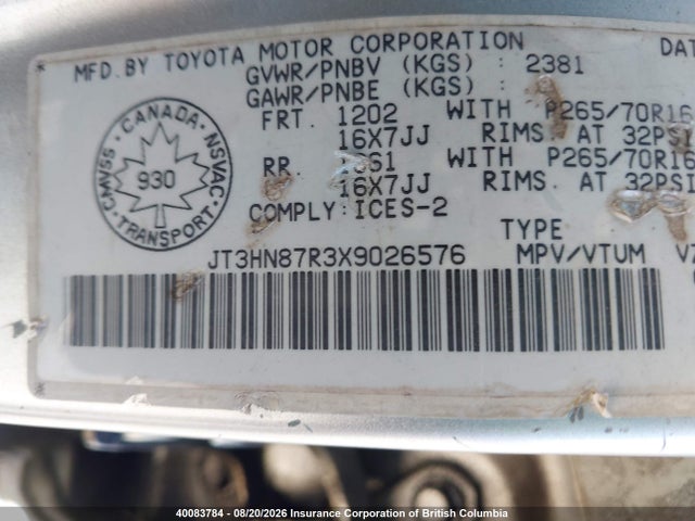 40083784 :رقم المزاد ، JT3HN87R3X9026576 vin ، 1999 Toyota 4runner Limited مزاد بيع