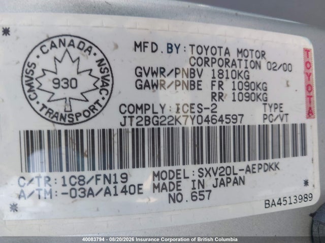 40083794 :رقم المزاد ، JT2BG22K7Y0464597 vin ، 2000 Toyota Camry مزاد بيع