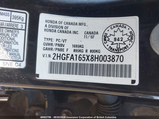 40083795 :رقم المزاد ، 2HGFA165X8H003870 vin ، 2008 Honda Civic مزاد بيع