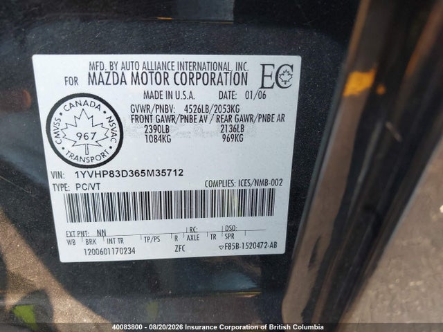 40083800 :رقم المزاد ، 1YVHP83D365M35712 vin ، 2006 Mazda 6 S مزاد بيع