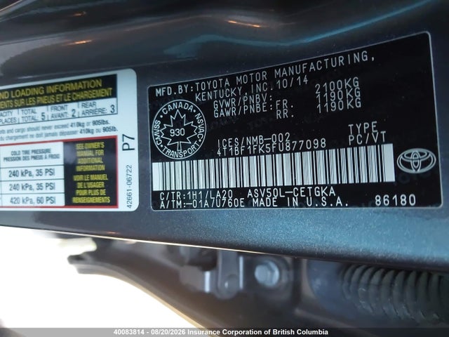 Aukcja sprzedaży 2015 Toyota Camry, vin: 4T1BF1FK5FU877098, numer aukcji: 40083814
