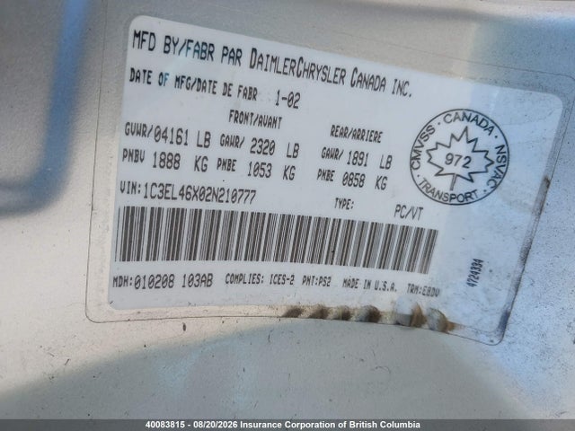 Aukcja sprzedaży 2002 Chrysler Sebring Lx, vin: 1C3EL46X02N210777, numer aukcji: 40083815