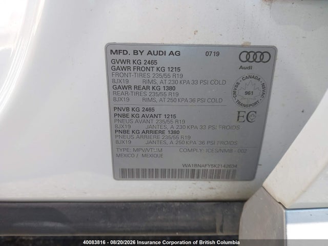 2019 Audi Q5 მანქანა იყიდება აუქციონზე, vin: WA1BNAFY5K2142634, აუქციონის ნომერი: 40083816