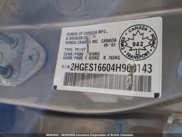 40083833 :رقم المزاد ، 2HGES16604H900143 vin ، 2004 Honda Civic مزاد بيع