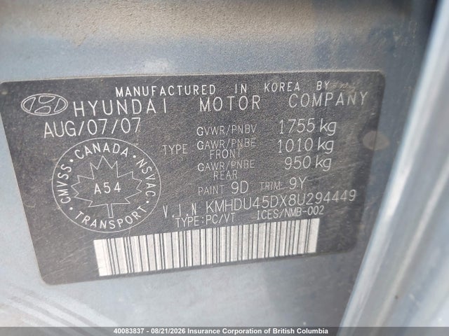 40083837 :رقم المزاد ، KMHDU45DX8U294449 vin ، 2008 Hyundai Elantra Gl/gls/gls Sport/limited مزاد بيع