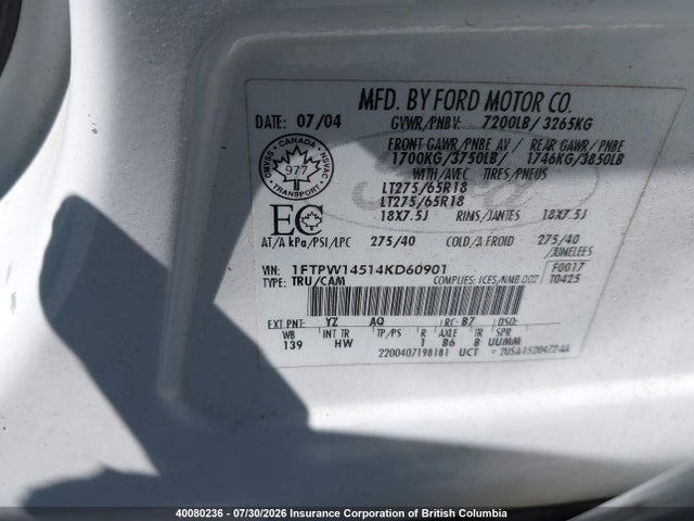 Aukcja sprzedaży 2004 Ford F150 Supercrew, vin: 1FTPW14514KD60901, numer aukcji: 40080236