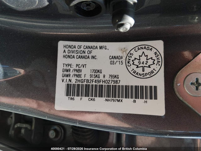 Honda Civic Lx 2015 2HGFB2F49FH027987 Image 9