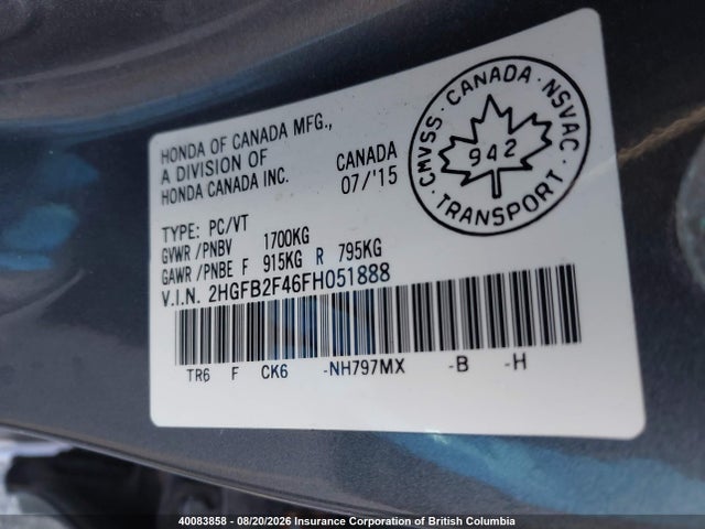 40083858 :رقم المزاد ، 2HGFB2F46FH051888 vin ، 2015 Honda Civic مزاد بيع