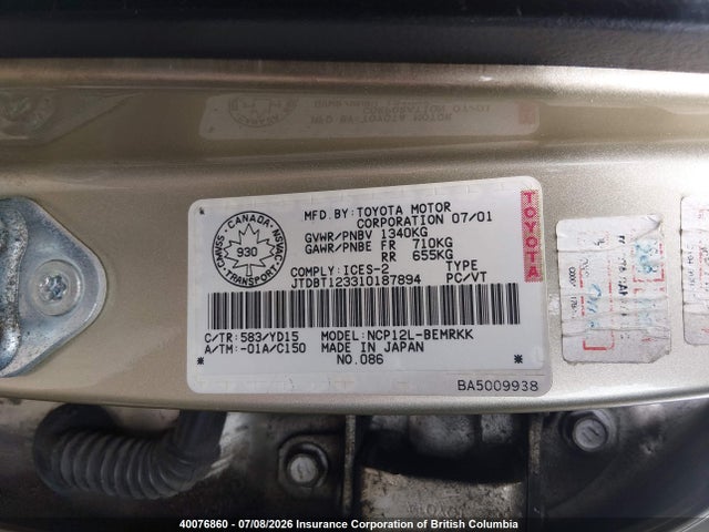 Aukcja sprzedaży 2001 Toyota Echo, vin: JTDBT123310187894, numer aukcji: 40076860