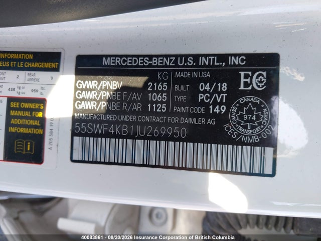 40083861 :رقم المزاد ، 55SWF4KB1JU269950 vin ، 2018 Mercedes-benz C 300 4matic مزاد بيع