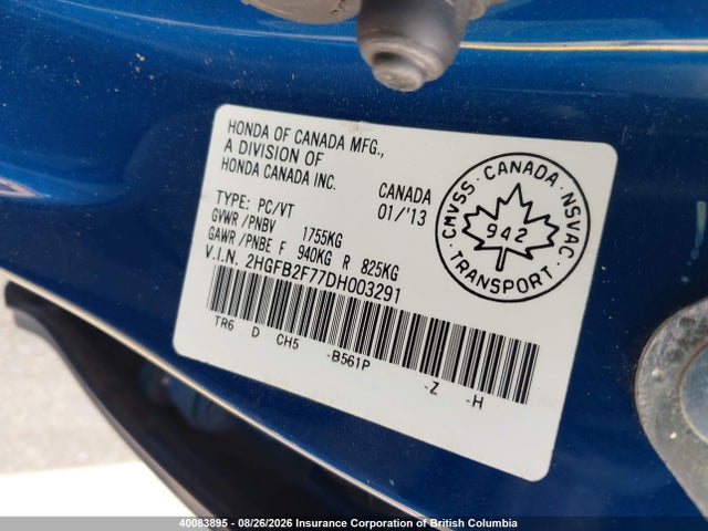 Aukcja sprzedaży 2013 Honda Civic, vin: 2HGFB2F77DH003291, numer aukcji: 40083895