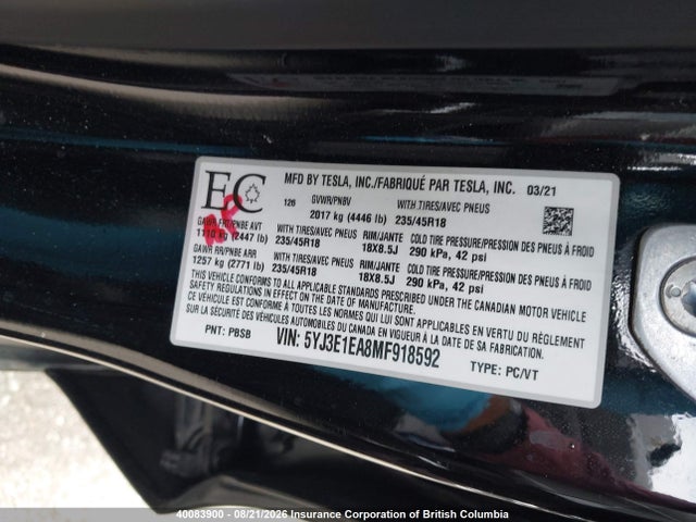 Tesla MODEL 3 2021 5YJ3E1EA8MF918592 Image 9