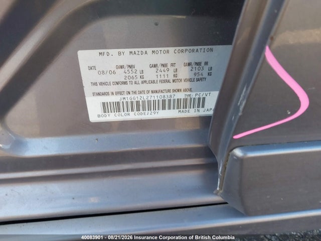 40083901 :رقم المزاد ، JM1GG12L271108387 vin ، 2007 Mazda Speed 6 مزاد بيع