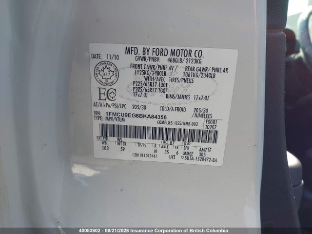 Продажа на аукционе авто 2011 Ford Escape Limited, vin: 1FMCU9EG8BKA84356, номер лота: 40083902