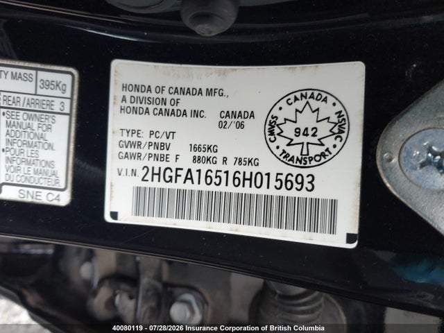 Продаж на аукціоні авто 2006 Honda Civic Lx, vin: 2HGFA16516H015693, номер лоту: 40080119