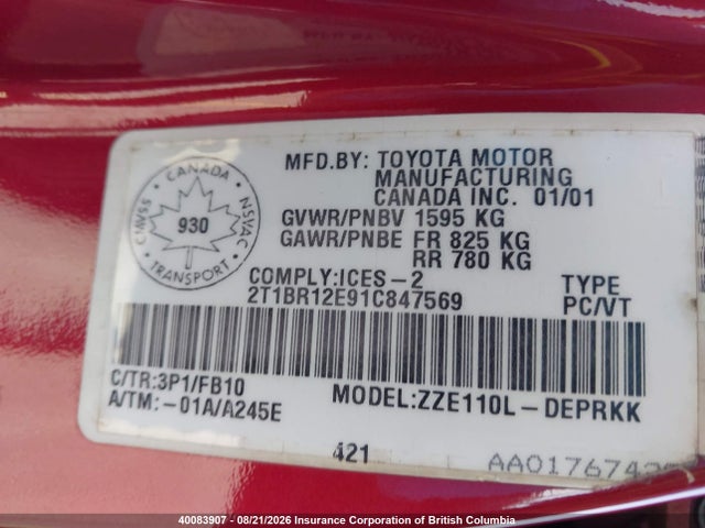 Aukcja sprzedaży 2001 Toyota Corolla Ce/le/s, vin: 2T1BR12E91C847569, numer aukcji: 40083907