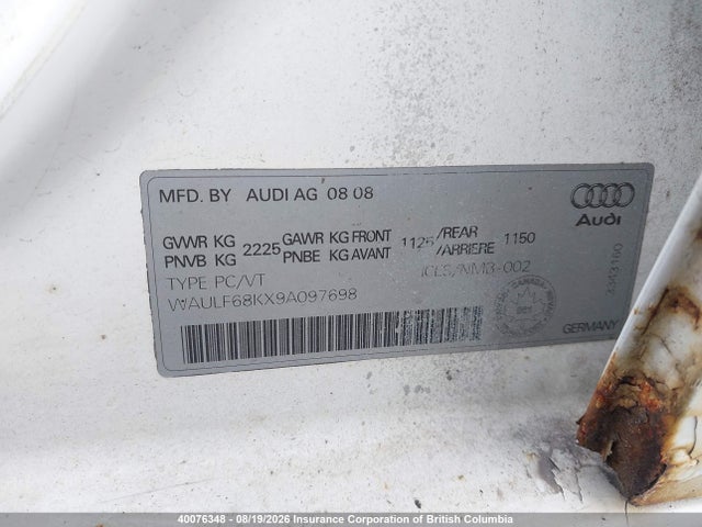 40076348 :رقم المزاد ، WAULF68KX9A097698 vin ، 2009 Audi A4 2.0t Quattro مزاد بيع