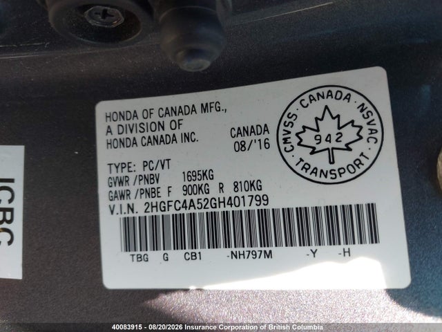 Honda Civic 2016 2HGFC4A52GH401799 Image 9
