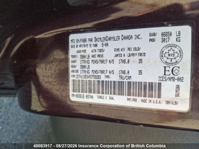 40083917 :رقم المزاد ، 1D7HU18D04S759283 vin ، 2004 Dodge Ram 1500 Slt/laramie مزاد بيع