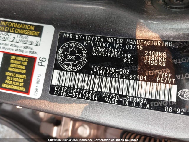 4T1BD1FK8FU161401 Toyota Camry Hybrid/le/xle/se