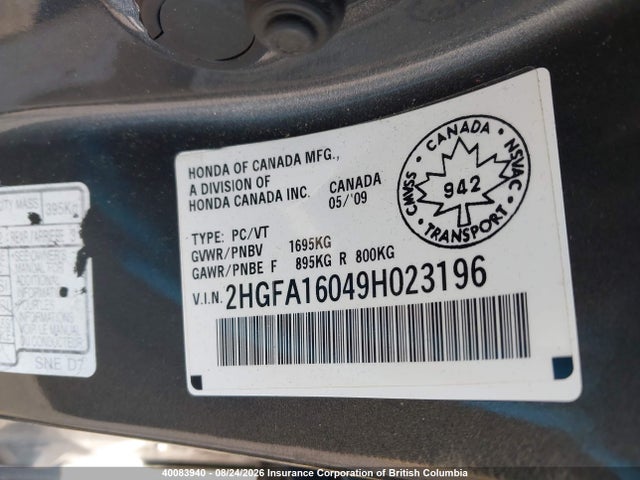 Aukcja sprzedaży 2009 Honda Civic, vin: 2HGFA16049H023196, numer aukcji: 40083940