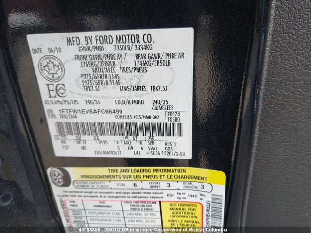 40083305 :رقم المزاد ، 1FTFW1EV5AFC66499 vin ، 2010 Ford F150 Supercrew مزاد بيع