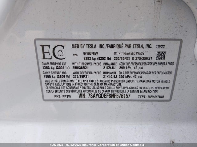 7SAYGDEF8NF576157 Tesla Model Y