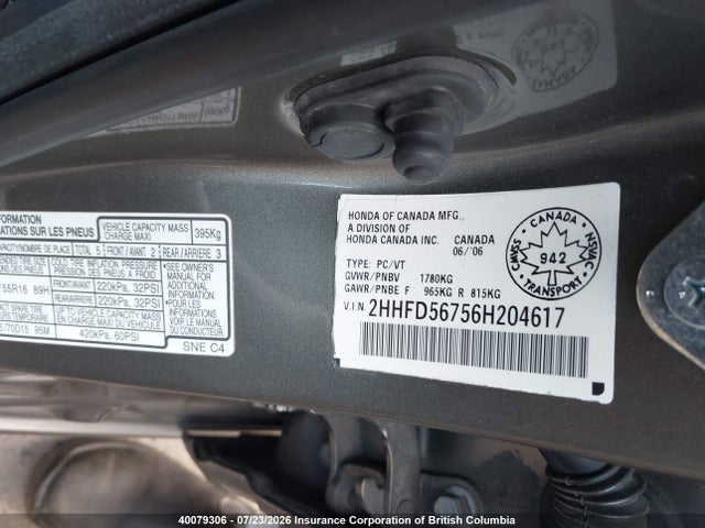 2006 Acura Csx Premium მანქანა იყიდება აუქციონზე, vin: 2HHFD56756H204617, აუქციონის ნომერი: 40079306