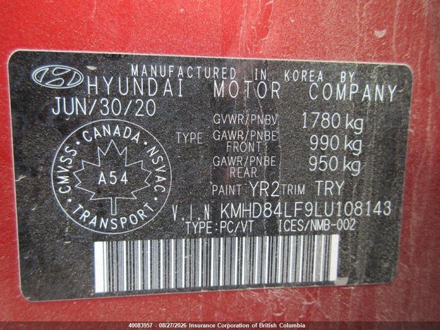 KMHD84LF9LU108143 Hyundai Elantra Sel/value/limited