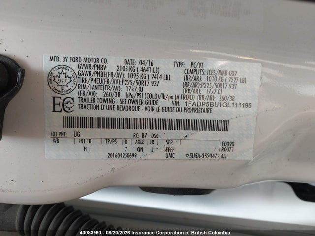 2016 Ford C-max Hybrid Sel მანქანა იყიდება აუქციონზე, vin: 1FADP5BU1GL111195, აუქციონის ნომერი: 40083960